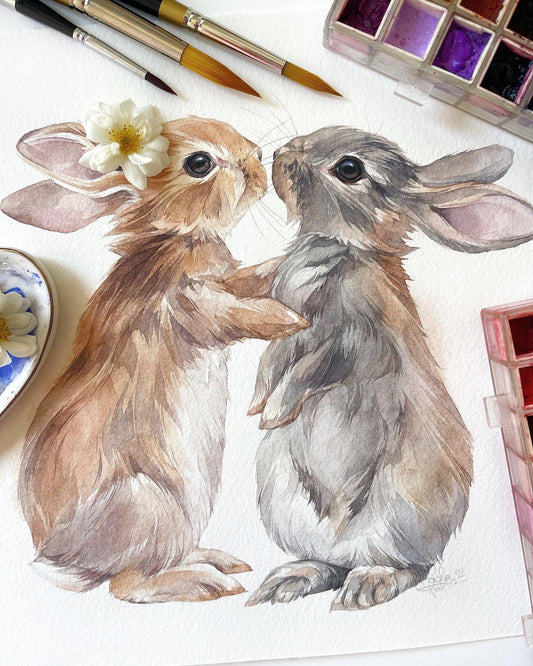 Bunny Love. Original watercolor painting.