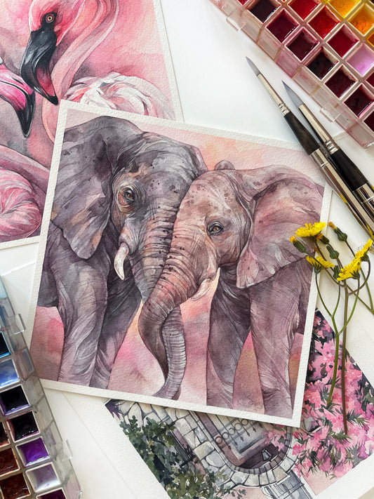 Elephant Embrace. Original watercolor painting.