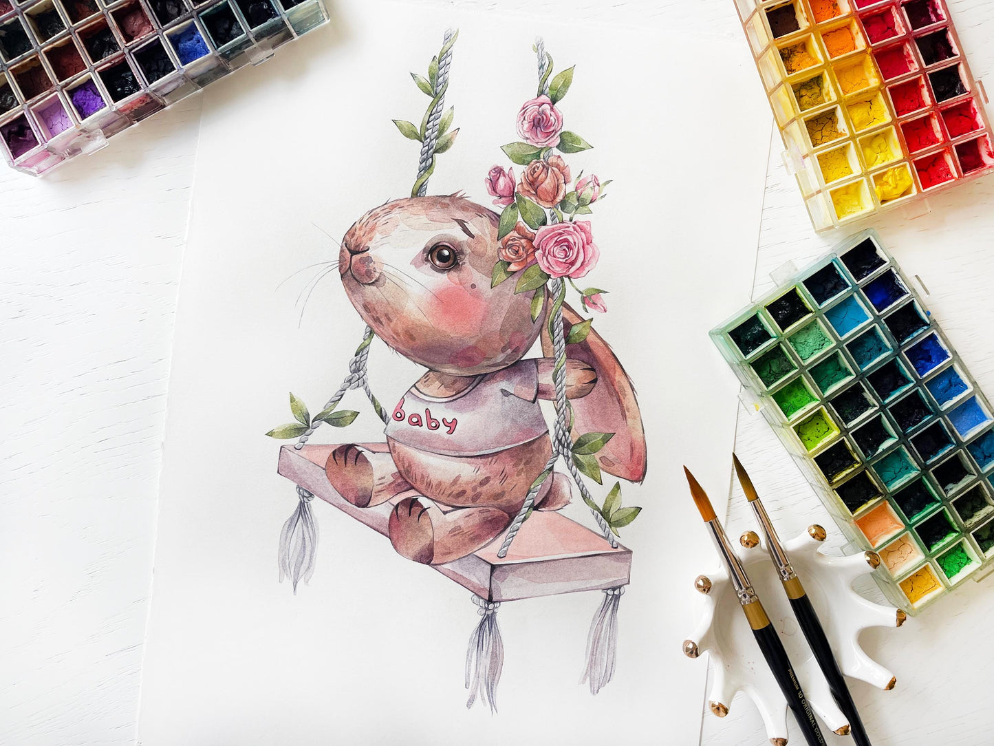Sweet baby rabbit. Original watercolor painting.