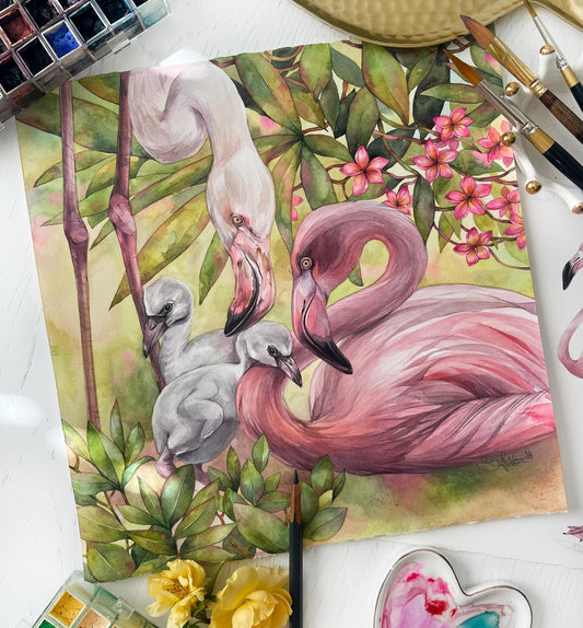 Family in Bloom. Original watercolor painting. Wall Art.