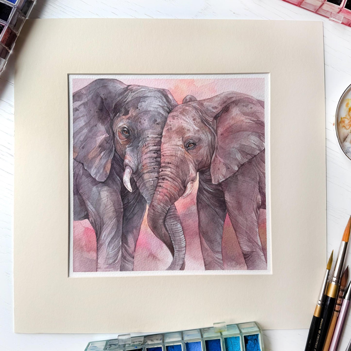 Elephant Embrace. Original watercolor painting.