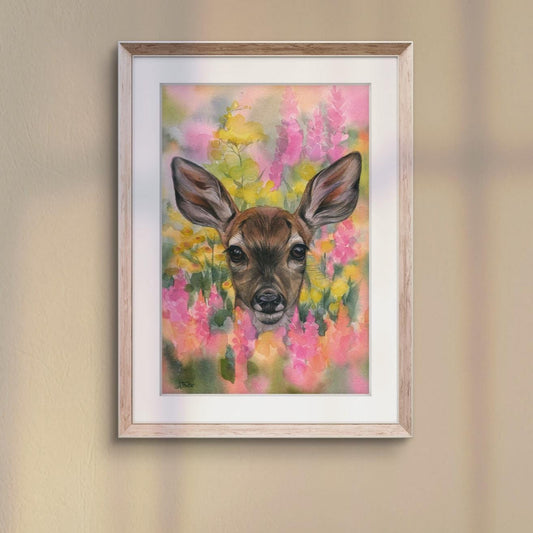 Blossom Eyes. Original watercolor painting. Fawn.