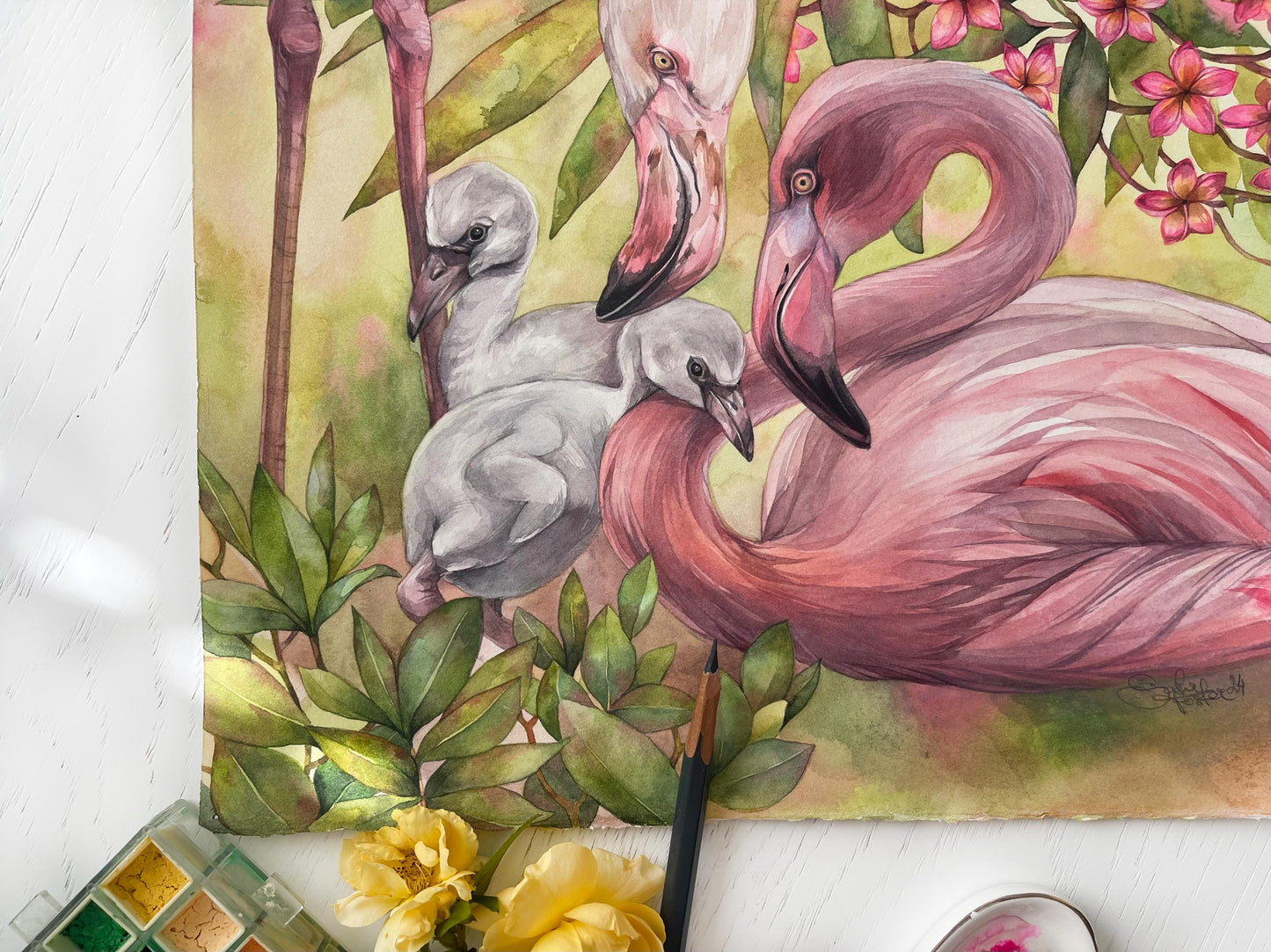Family in Bloom. Original watercolor painting. Wall Art.
