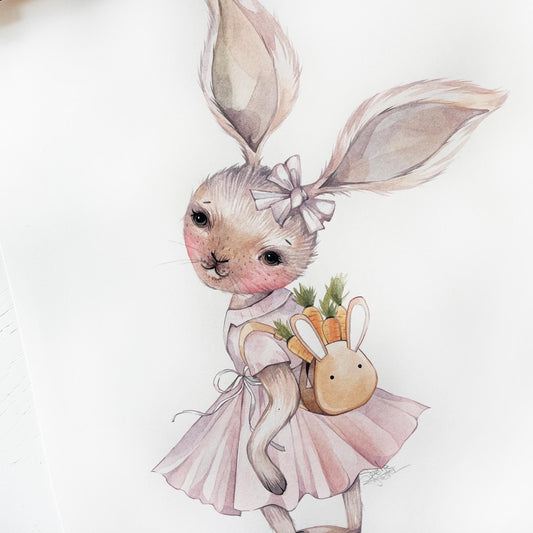 Sweet pupil rabbit. Original watercolor painting.