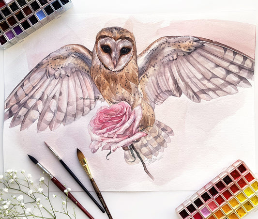 Mia the Owl. Original watercolor painting.