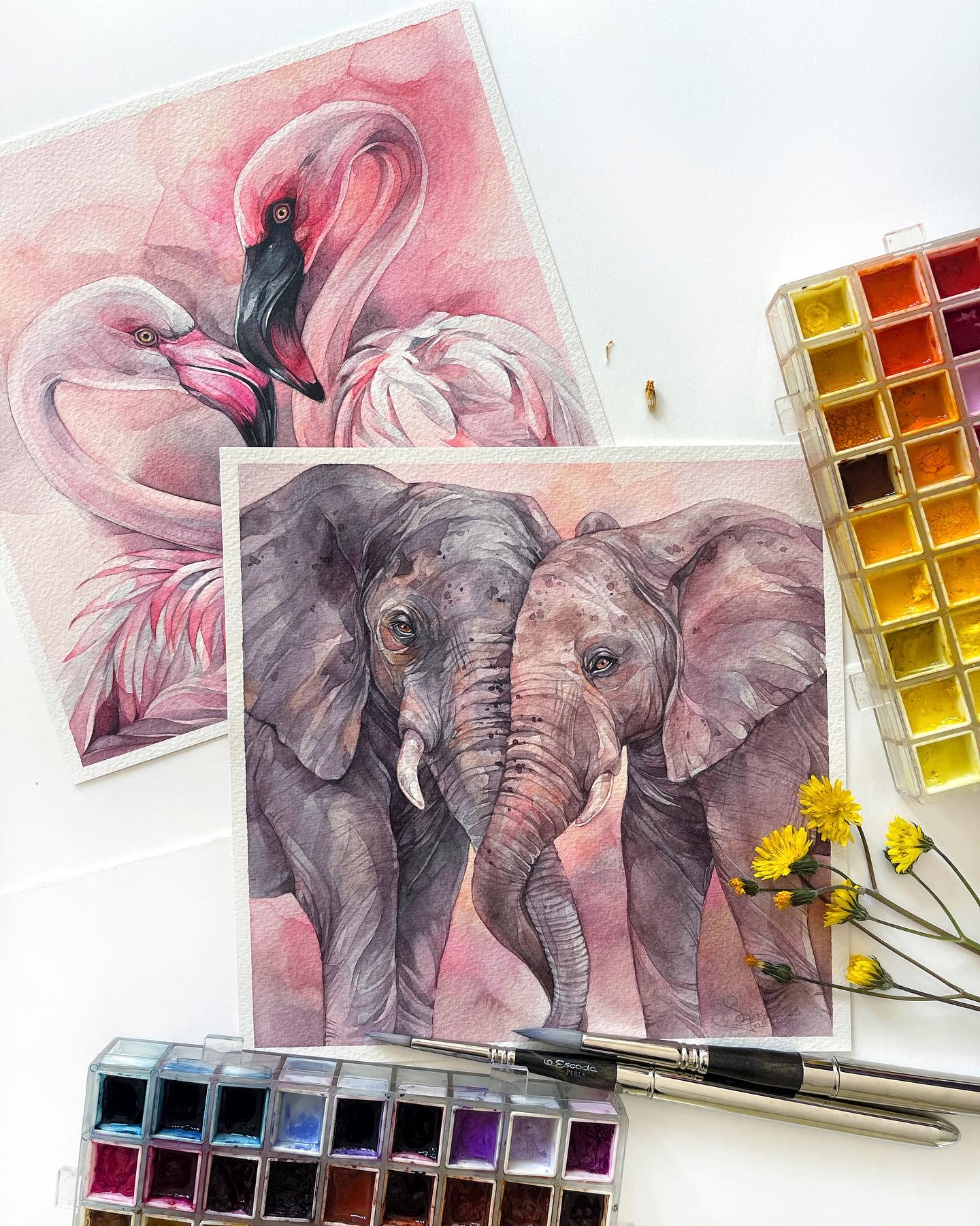 Elephant Embrace. Original watercolor painting.