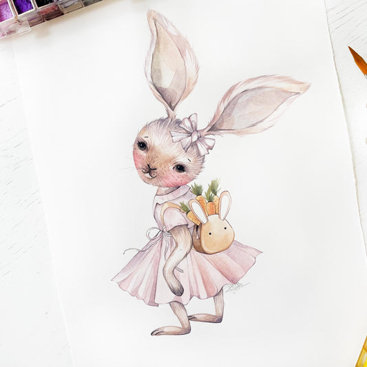 Sweet pupil rabbit. Original watercolor painting.