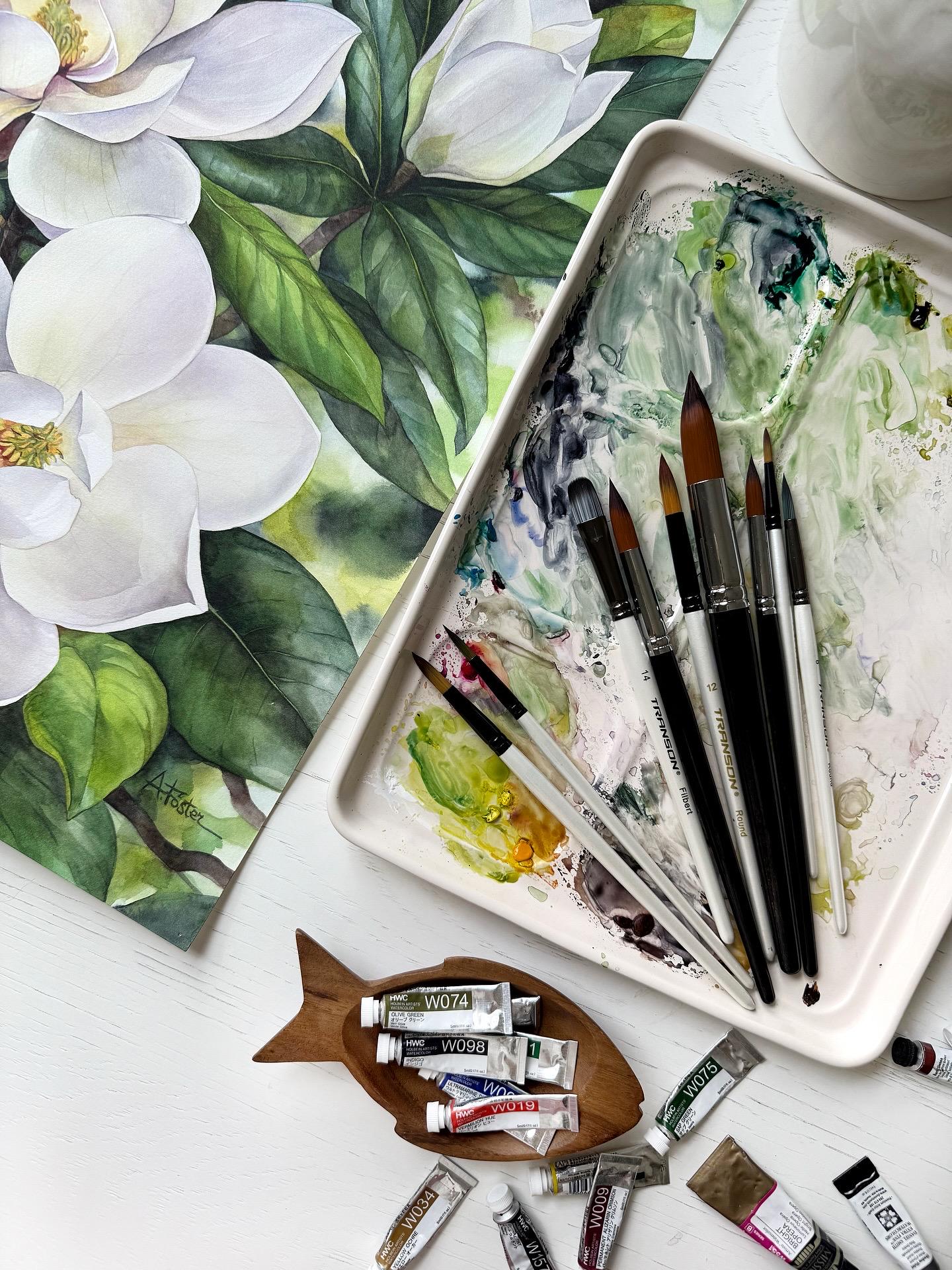 Southern Magnolias. Original watercolor painting.