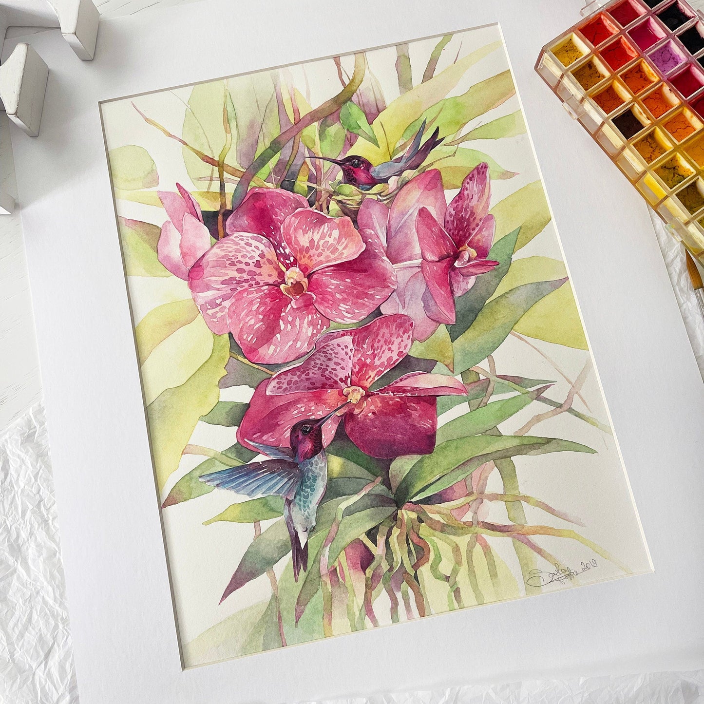 Poly and Dolly the Hummingbirds. Original watercolor painting.