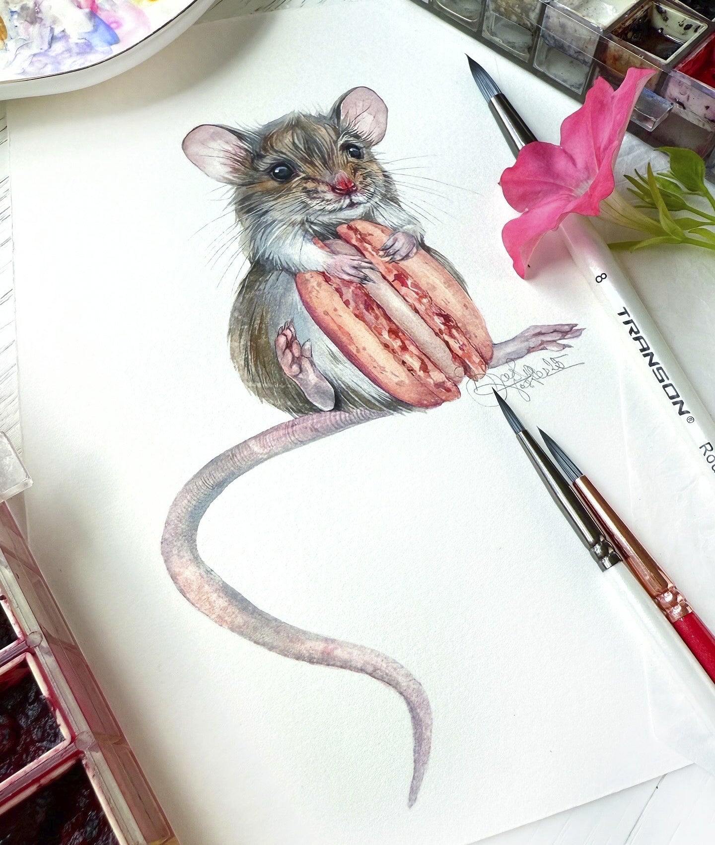 Macaron Mouse. Original watercolor painting.