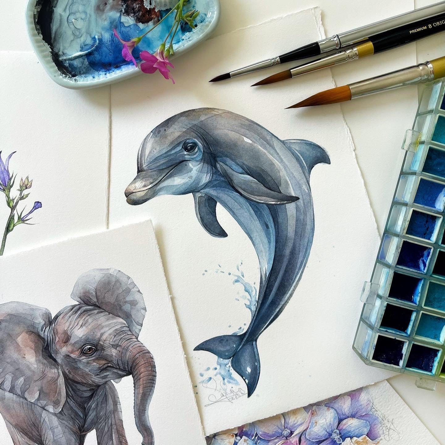 Baby Dolphin. Original watercolor painting.