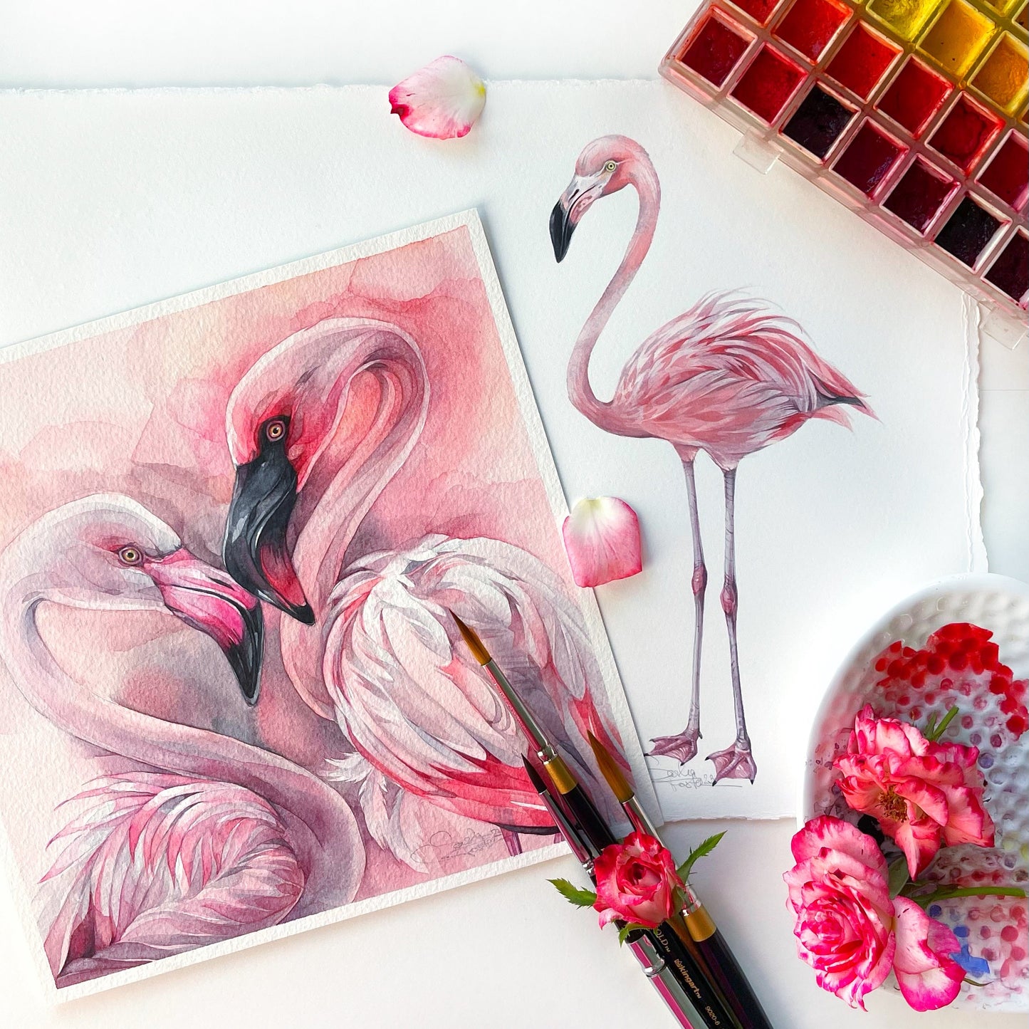 The Pink Flamingo. Original watercolor painting.