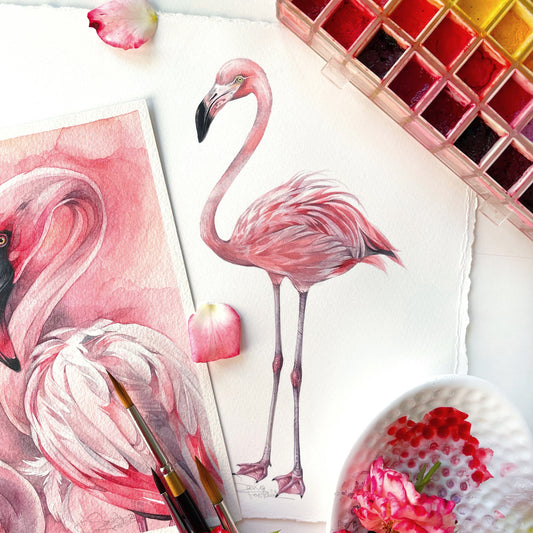 The Pink Flamingo. Original watercolor painting.