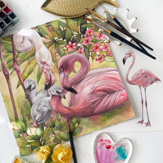 The Pink Flamingo. Original watercolor painting.