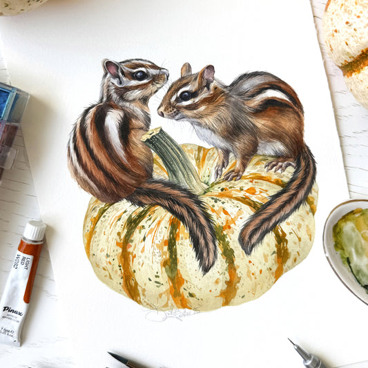 Pumpkin Watchers. Original watercolor painting.