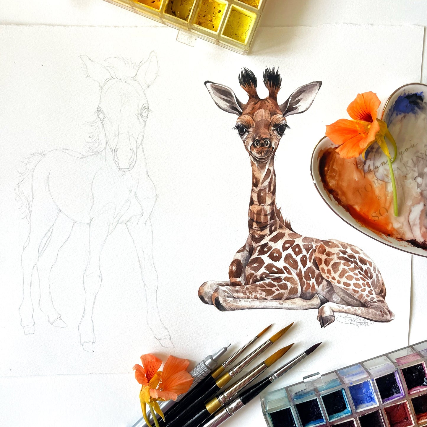 Baby Giraffe. Original watercolor painting.