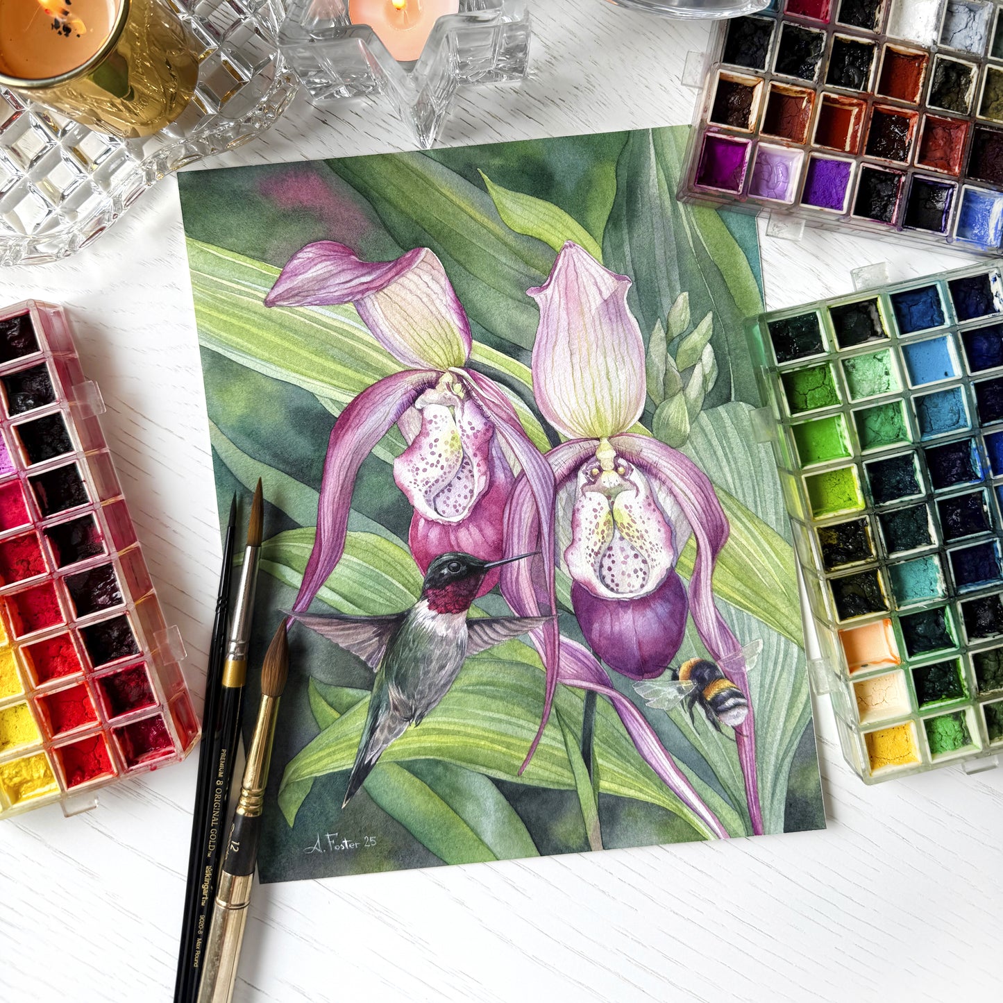 Hummingbird and Bumblebee. Original watercolor painting.