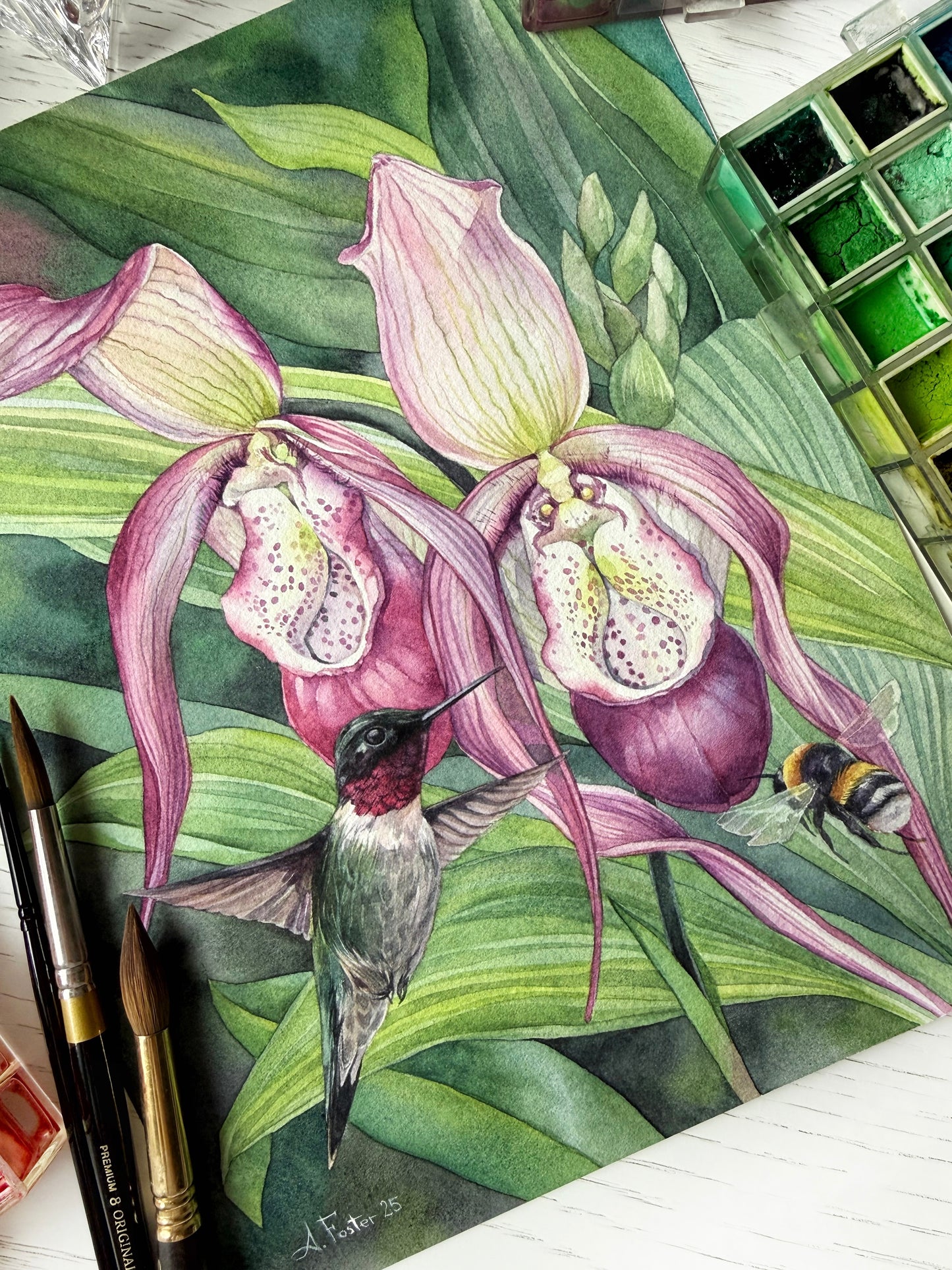 Hummingbird and Bumblebee. Original watercolor painting.