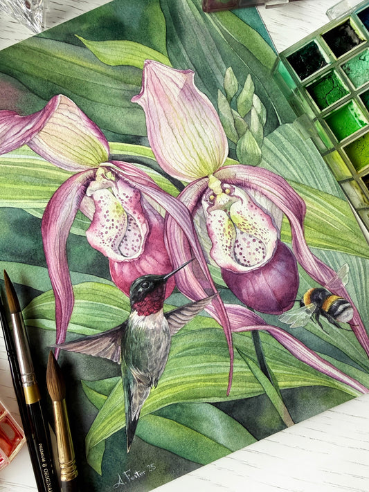 Hummingbird and Bumblebee. Original watercolor painting.