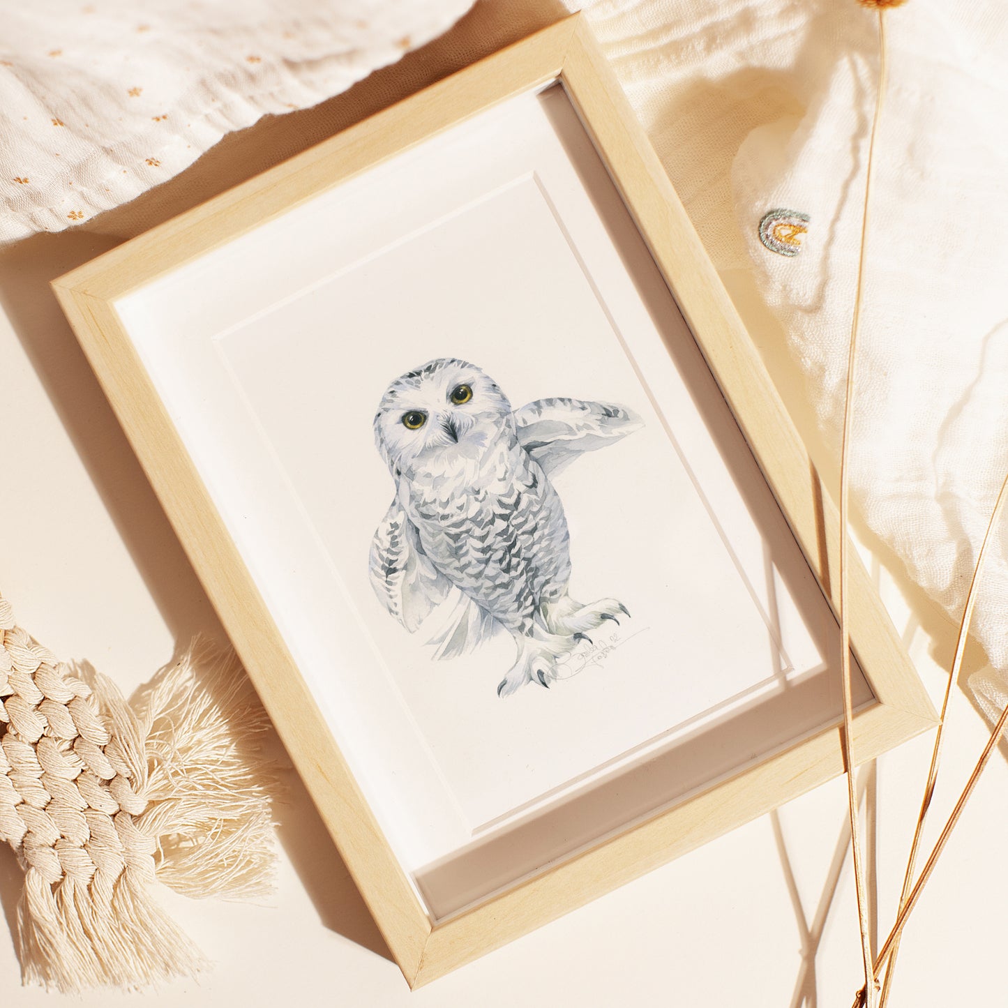 Baby Snowy Owl. Original watercolor painting.