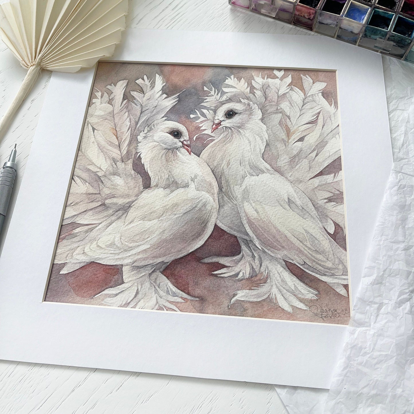 David and Chloe the Doves. Original watercolor painting.