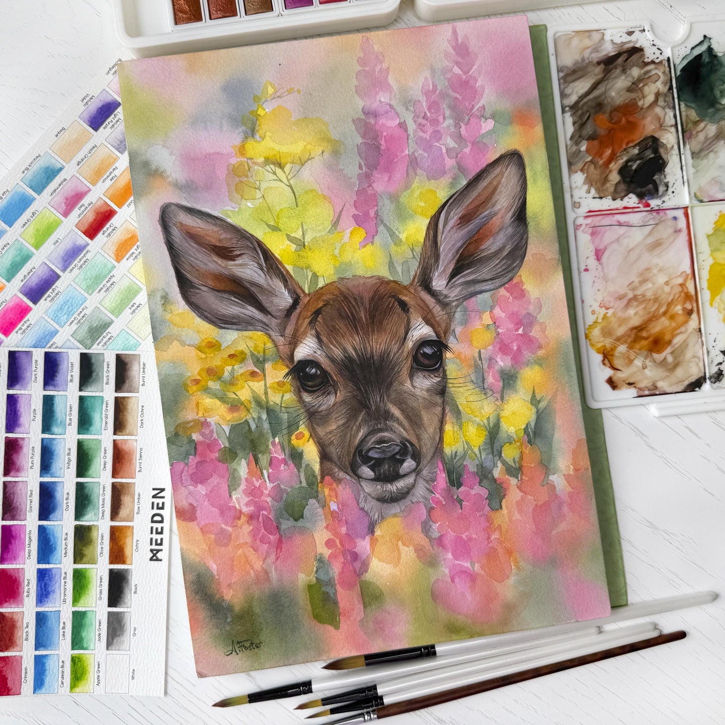 Blossom Eyes. Original watercolor painting. Fawn.