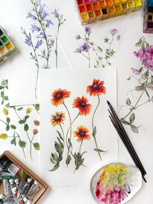 Dance of the Firewheels. Original watercolor painting.