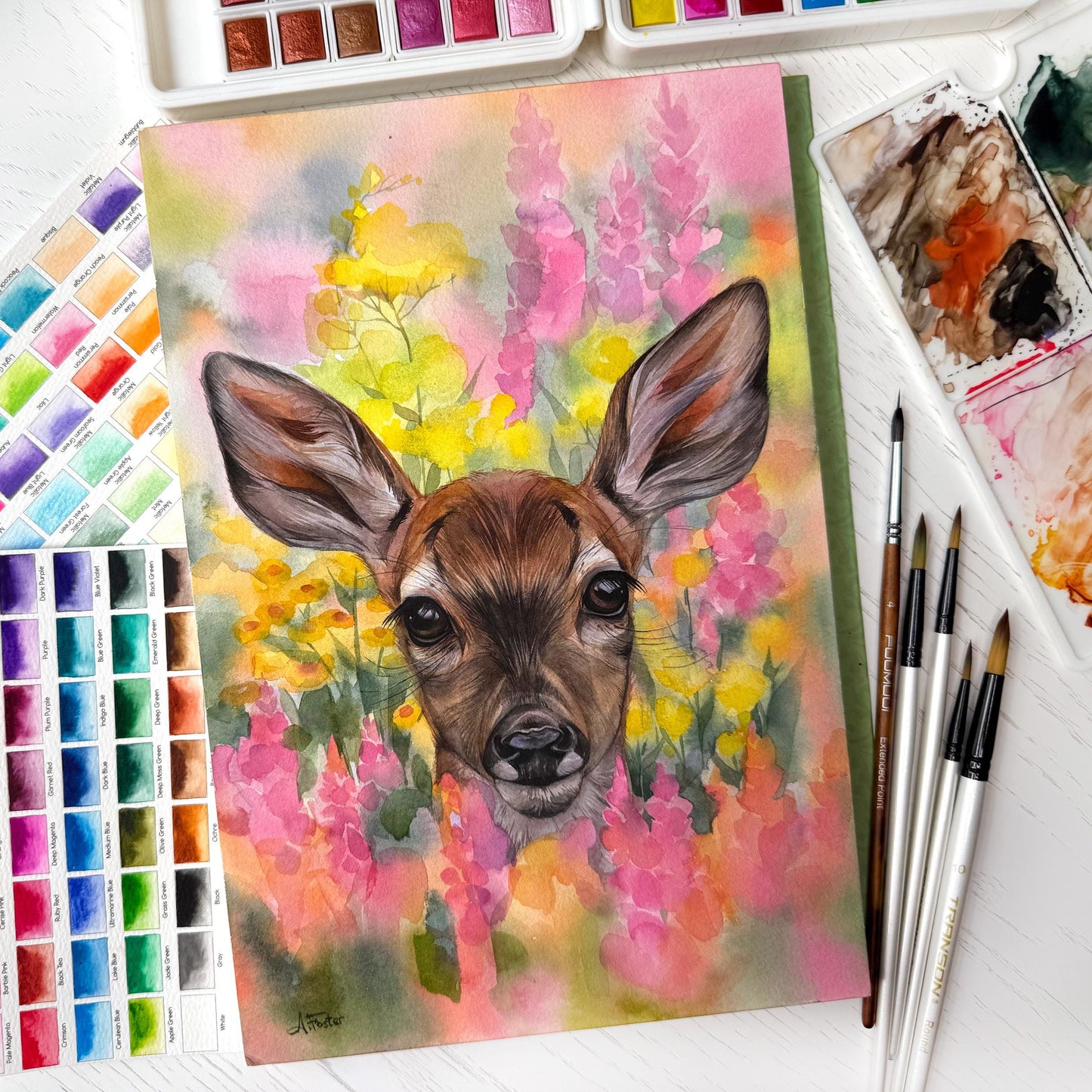 Blossom Eyes. Original watercolor painting. Fawn.