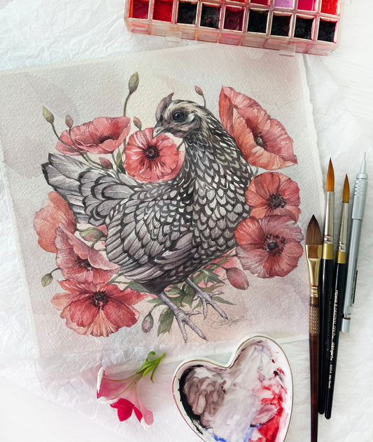 Chicken in Poppy Flowers. Original watercolor painting.