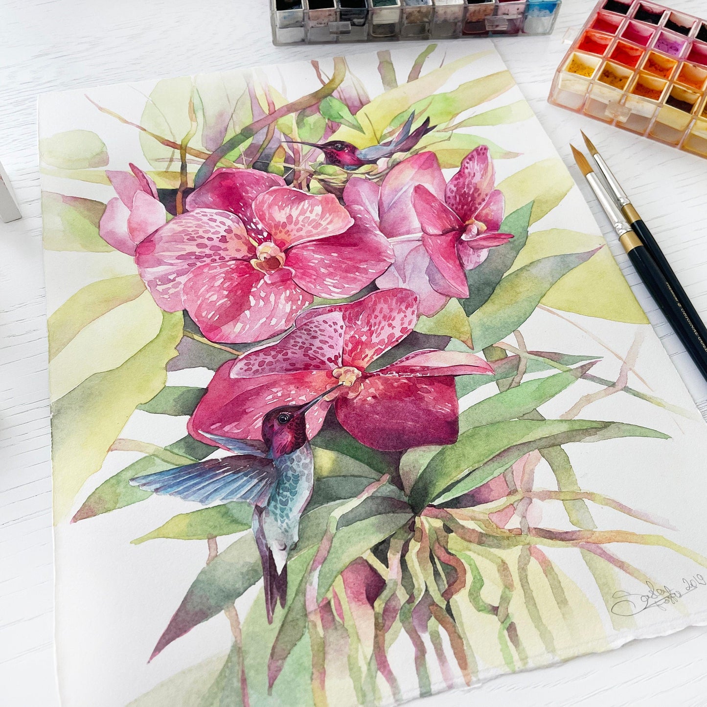 Poly and Dolly the Hummingbirds. Original watercolor painting.