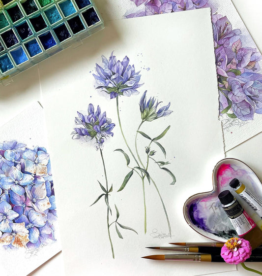 Blue Wildflowers. Original watercolor painting.