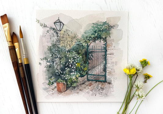 Secret Garden Gate. Original watercolor painting.