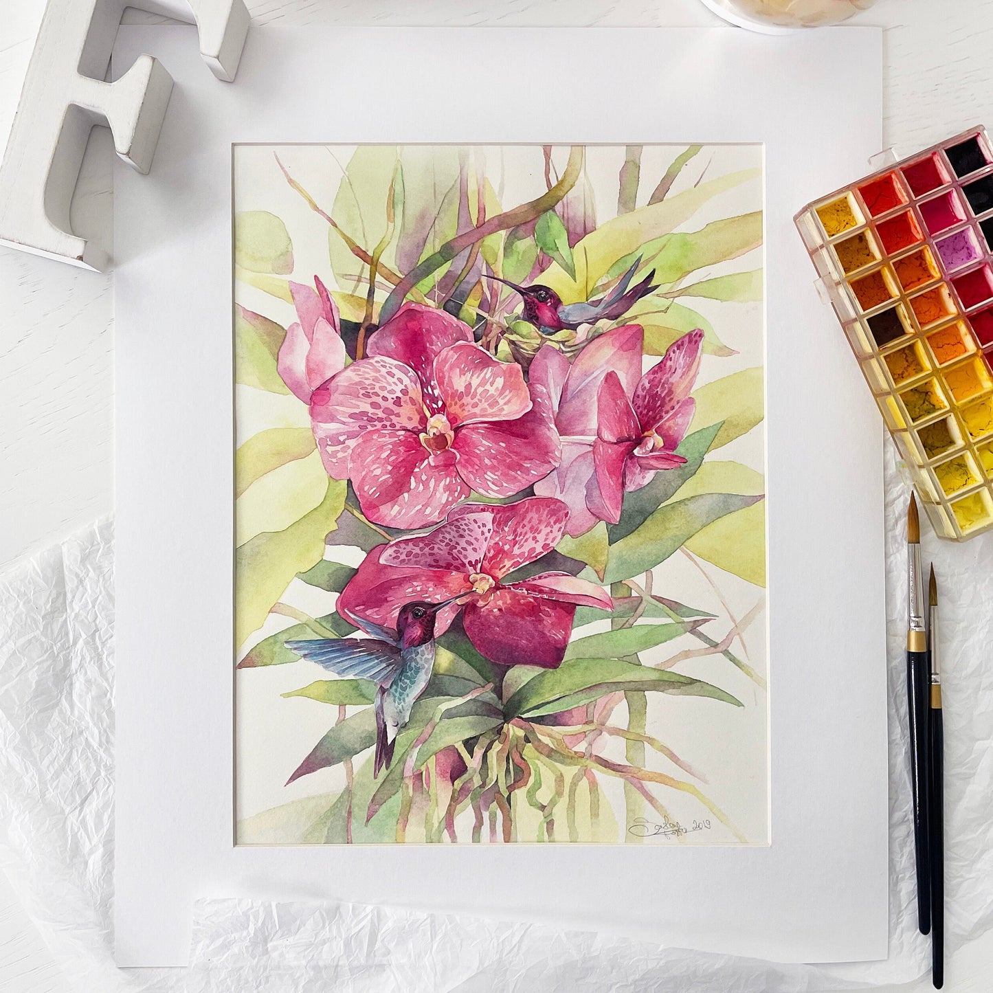 Poly and Dolly the Hummingbirds. Original watercolor painting.