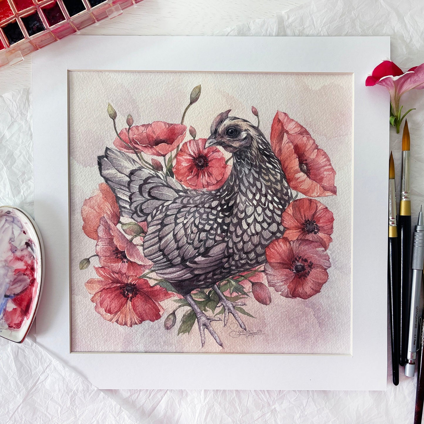 Chicken in Poppy Flowers. Original watercolor painting.