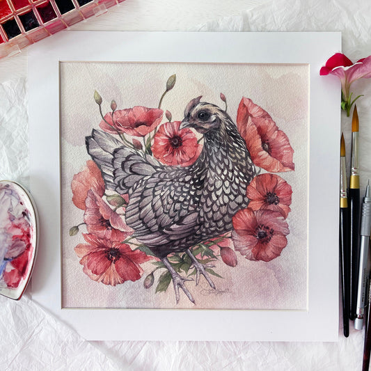 Chicken in Poppy Flowers. Original watercolor painting.