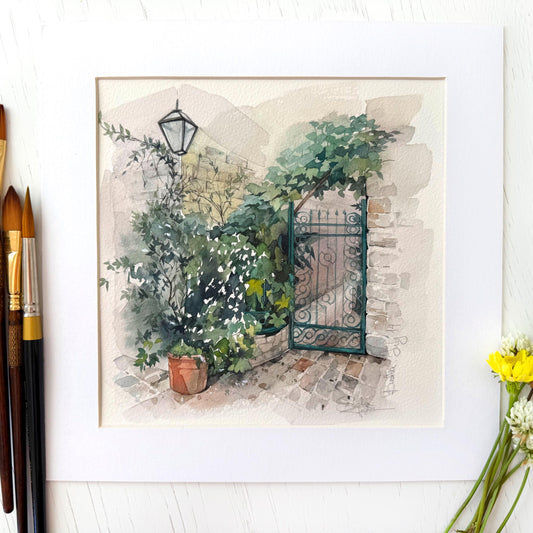 Secret Garden Gate. Original watercolor painting.