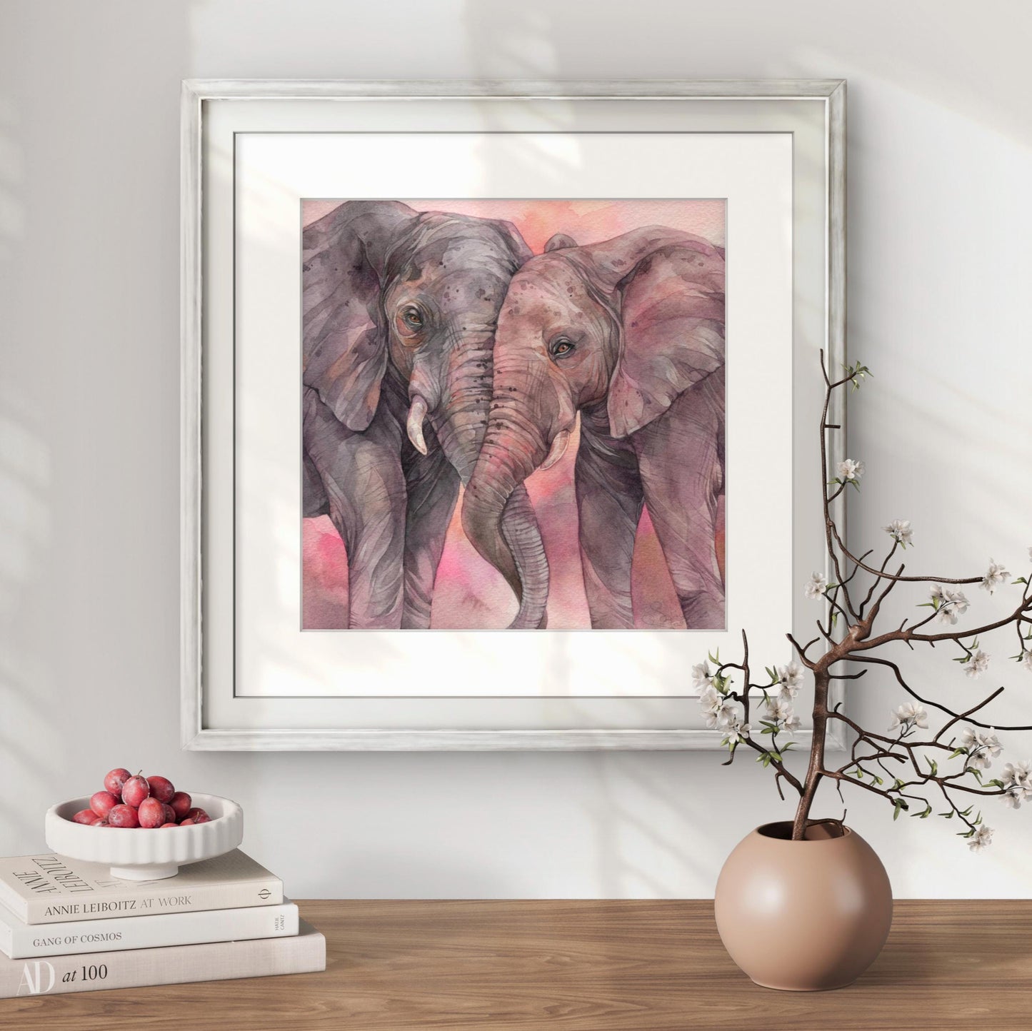 Elephant Embrace. Original watercolor painting.