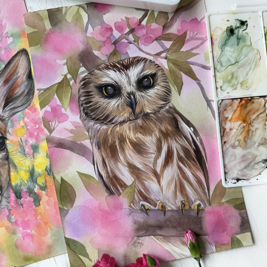 Blossom Watcher. Original watercolor painting.