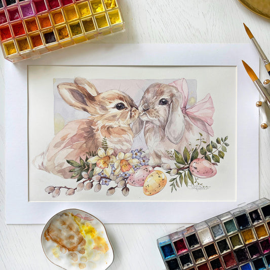 Springtime Bunnies. Original watercolor painting.