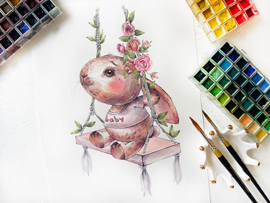 Sweet baby rabbit. Original watercolor painting.