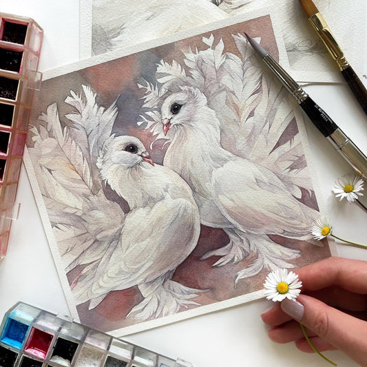David and Chloe the Doves. Original watercolor painting.