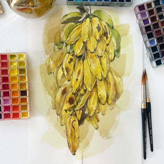 Panamanian Bananas. Original watercolor painting.