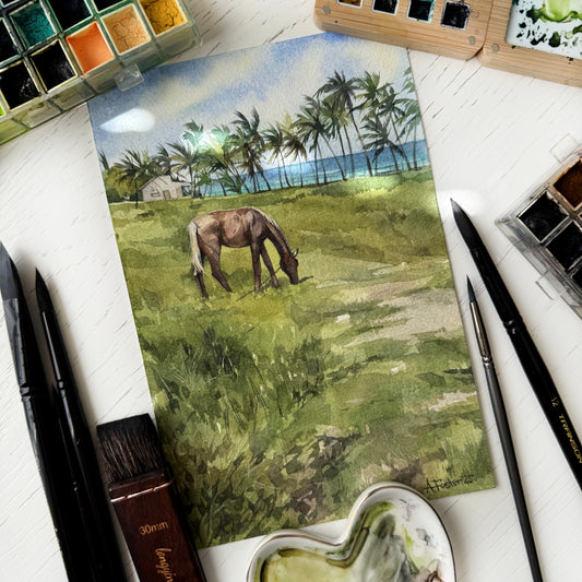 Coastal Pasture. Original watercolor painting.