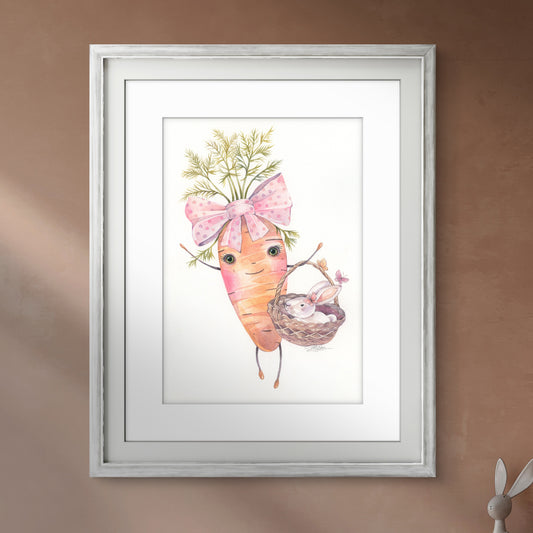Cute Carrot and her Rabbit. Original watercolor painting.